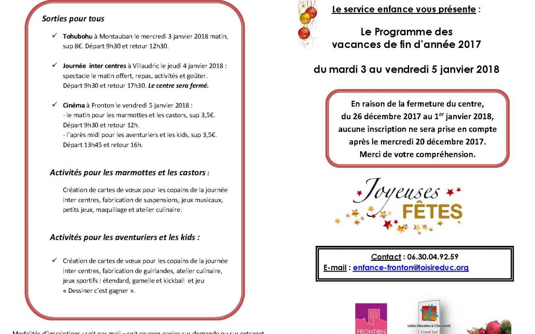 Le programme des vacances de fin d’année 2017 du Service « Enfance »