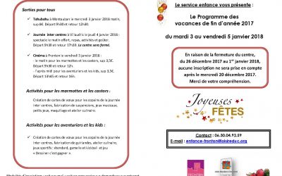 Le programme des vacances de fin d’année 2017 du Service « Enfance »