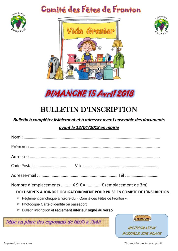 04152018 Bulletin inscription 2018 Vide grenier Comité des Fêtes