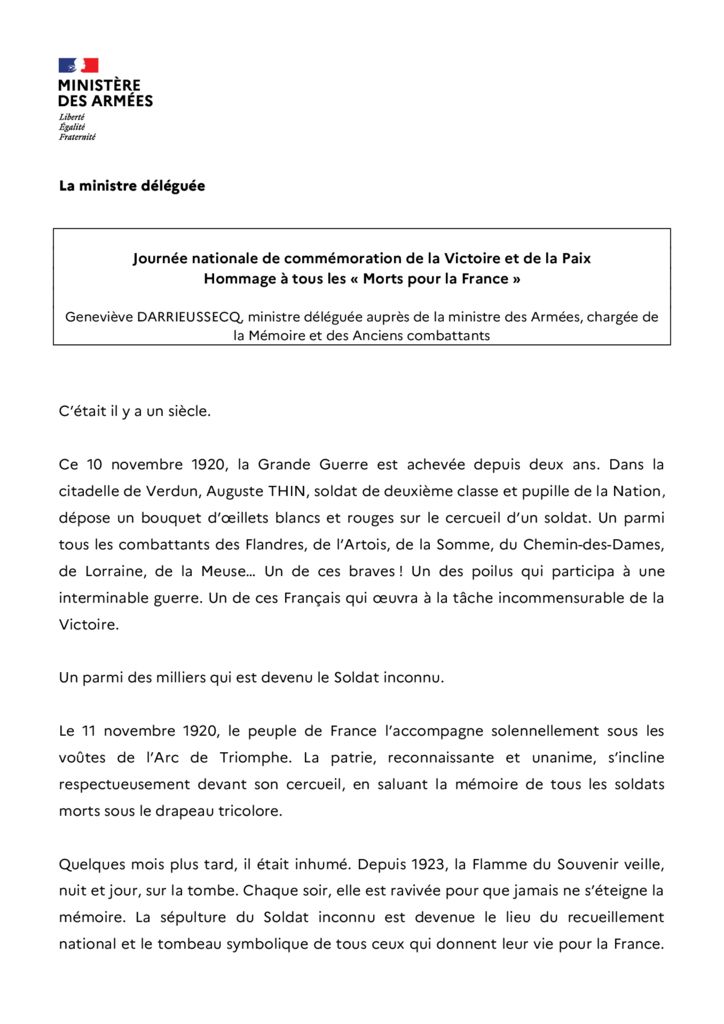 Message 2020 Journée nationale du 11 novembre