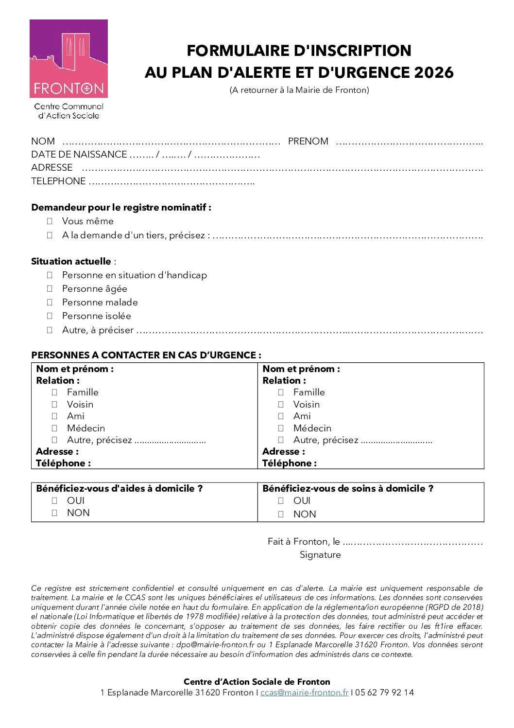 Fiche inscription liste personnes vulnérables