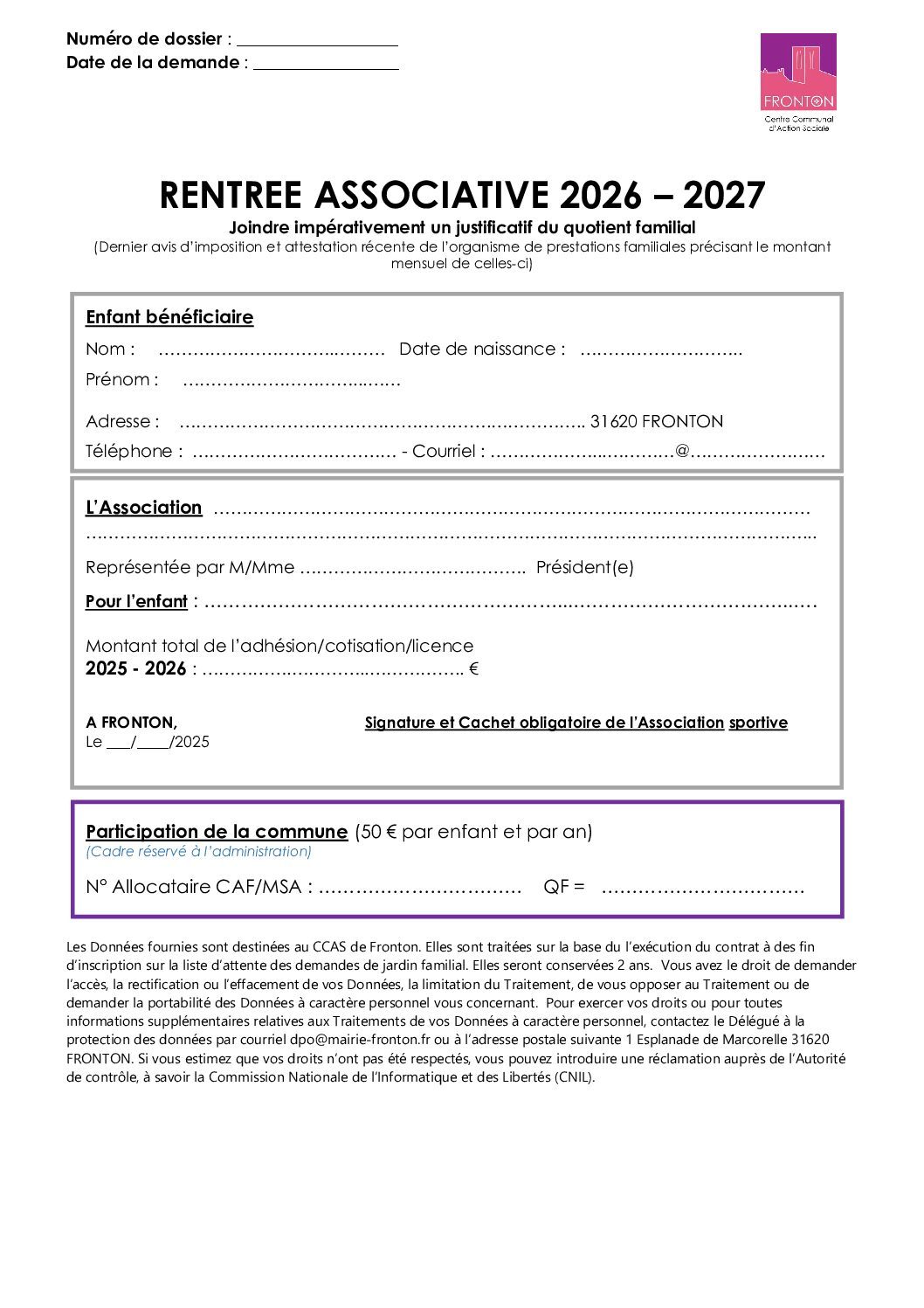 Fiche inscription PASS&rsquo;SPORT FRONTON 2026-2027